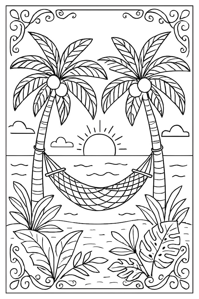 Coloring page of a hammock tied between two coconut trees with a sunset background and tropical foliage