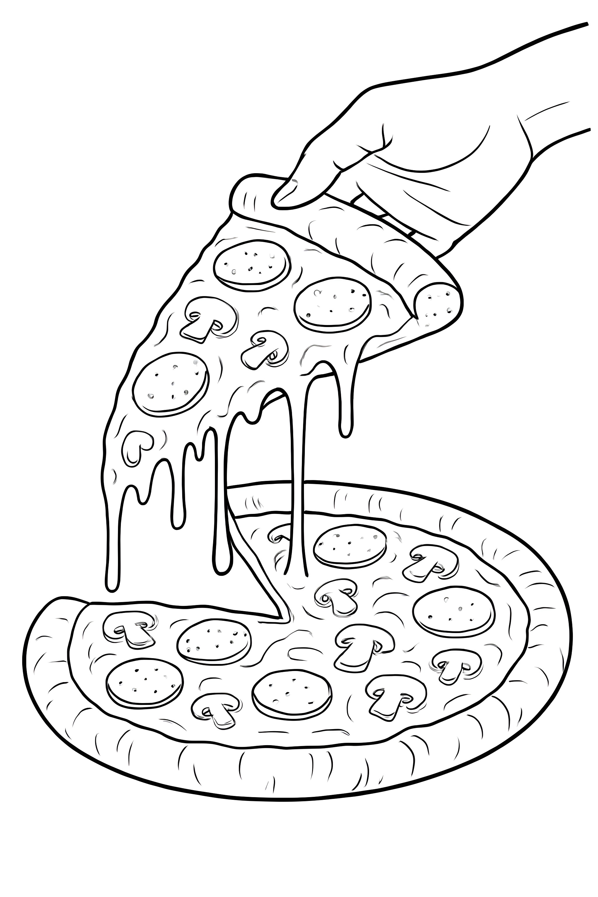 A hand lifting a slice of pizza with melting cheese and toppings, including pepperoni and mushrooms