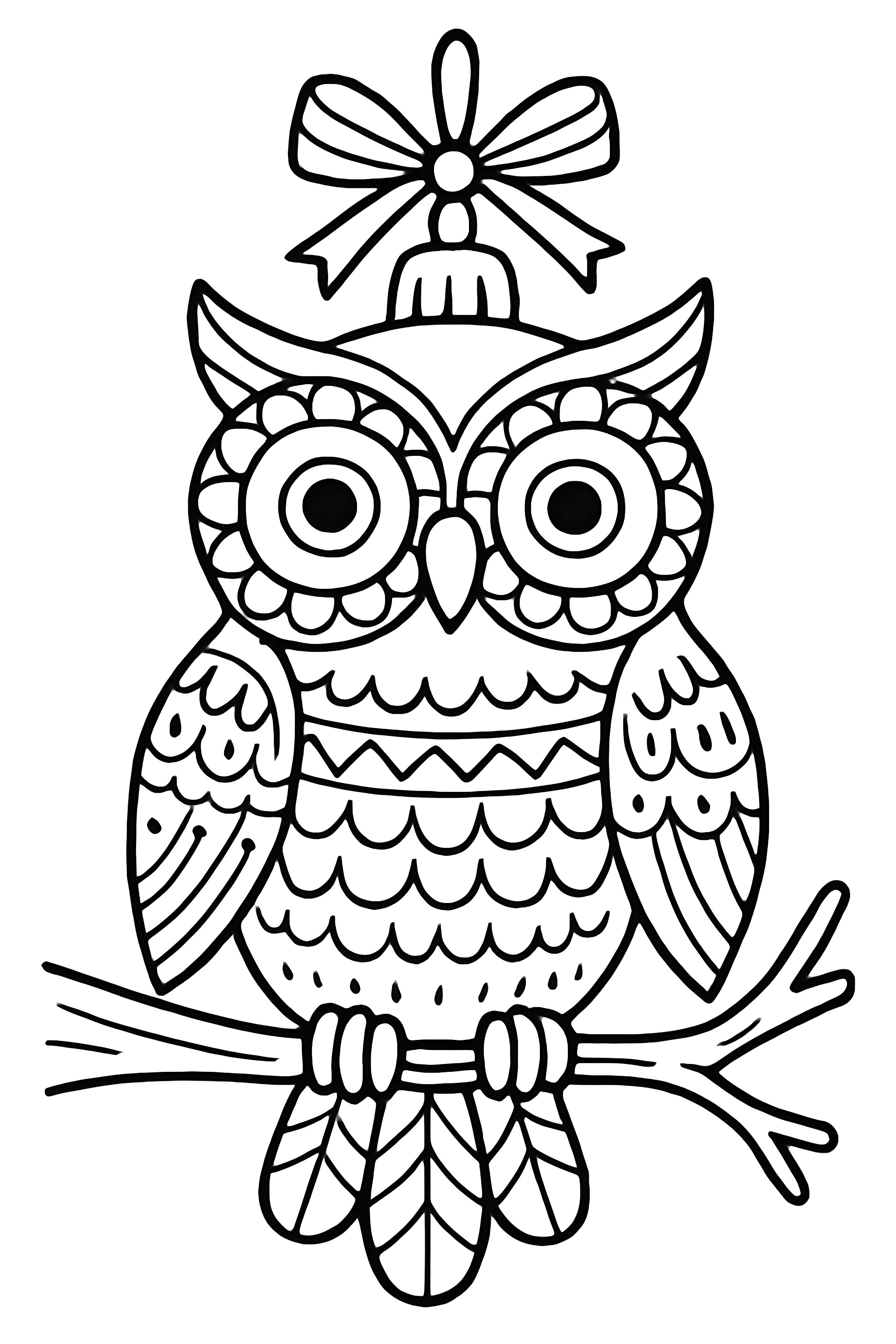 Coloring page featuring a decorative owl ornament with intricate patterns perched on a branch, complete with a bow on top.