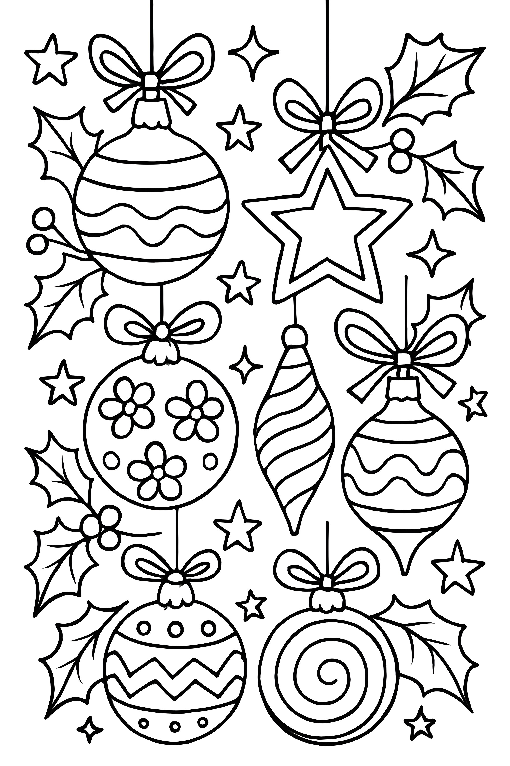 Coloring page featuring various Christmas ornaments on strings, surrounded by holly leaves and stars