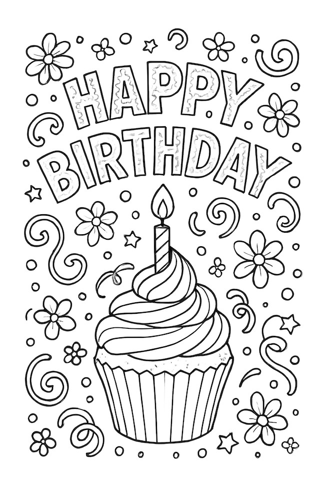 Coloring page featuring a cupcake with a single candle, surrounded by the words 'Happy Birthday' and decorative flowers and swirls
