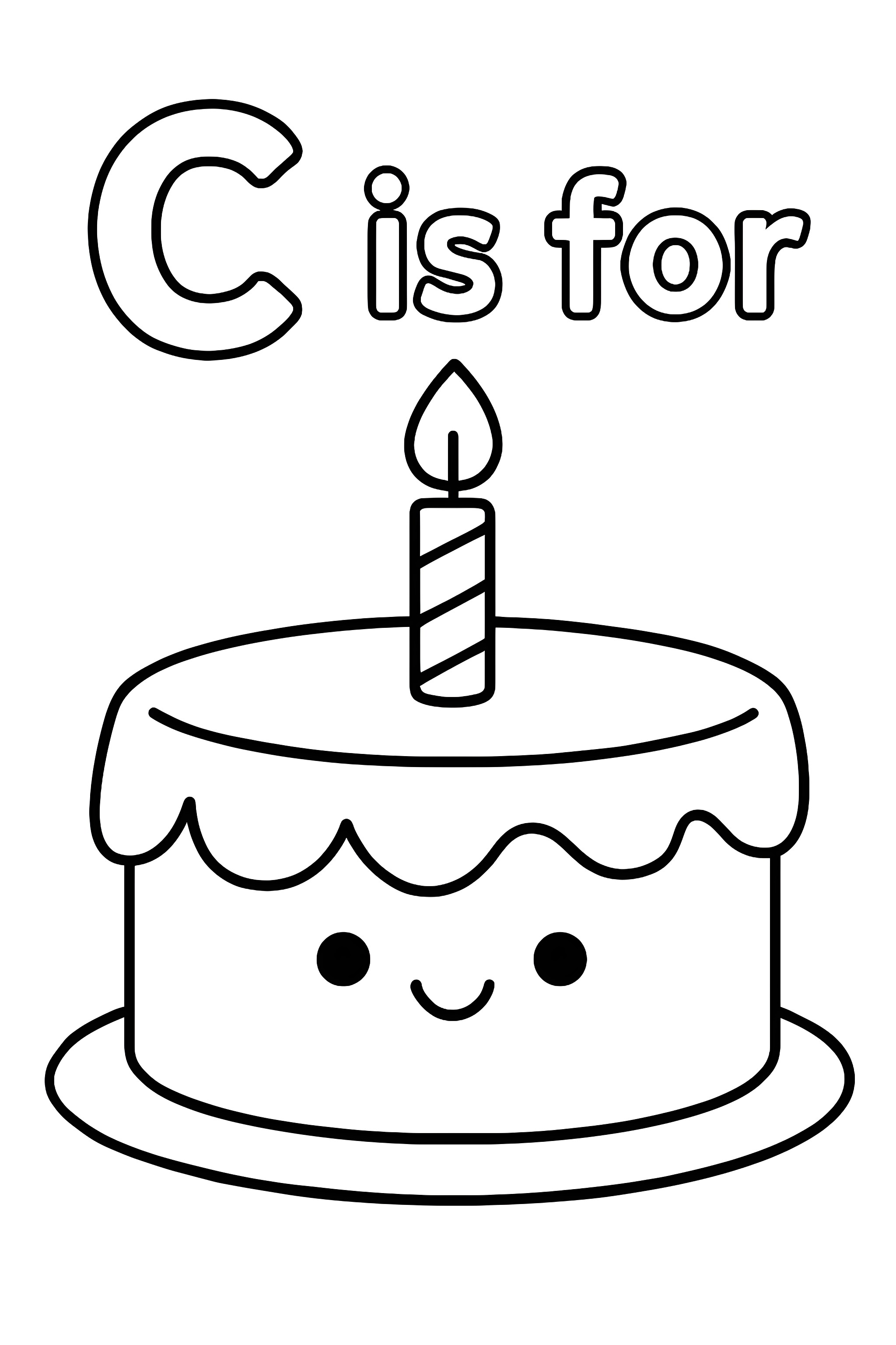 Coloring page featuring a round cake with a single candle on top, smiling face, and the letter 'C' above it.