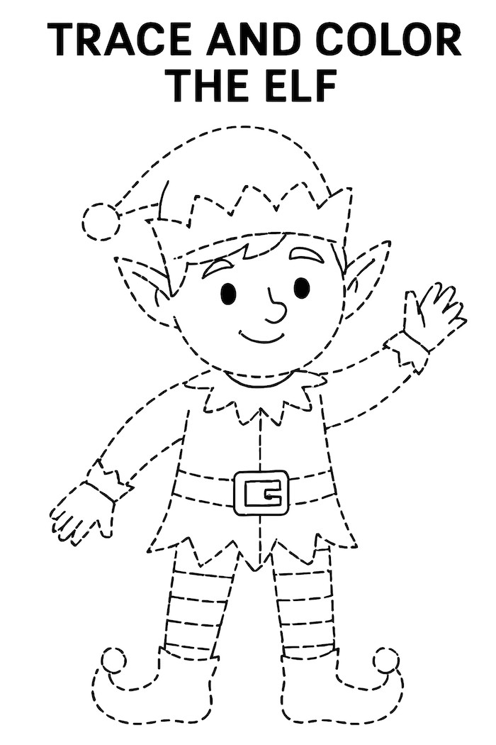 Coloring page of a happy elf with a pointy hat and decorative outfit, waving hand