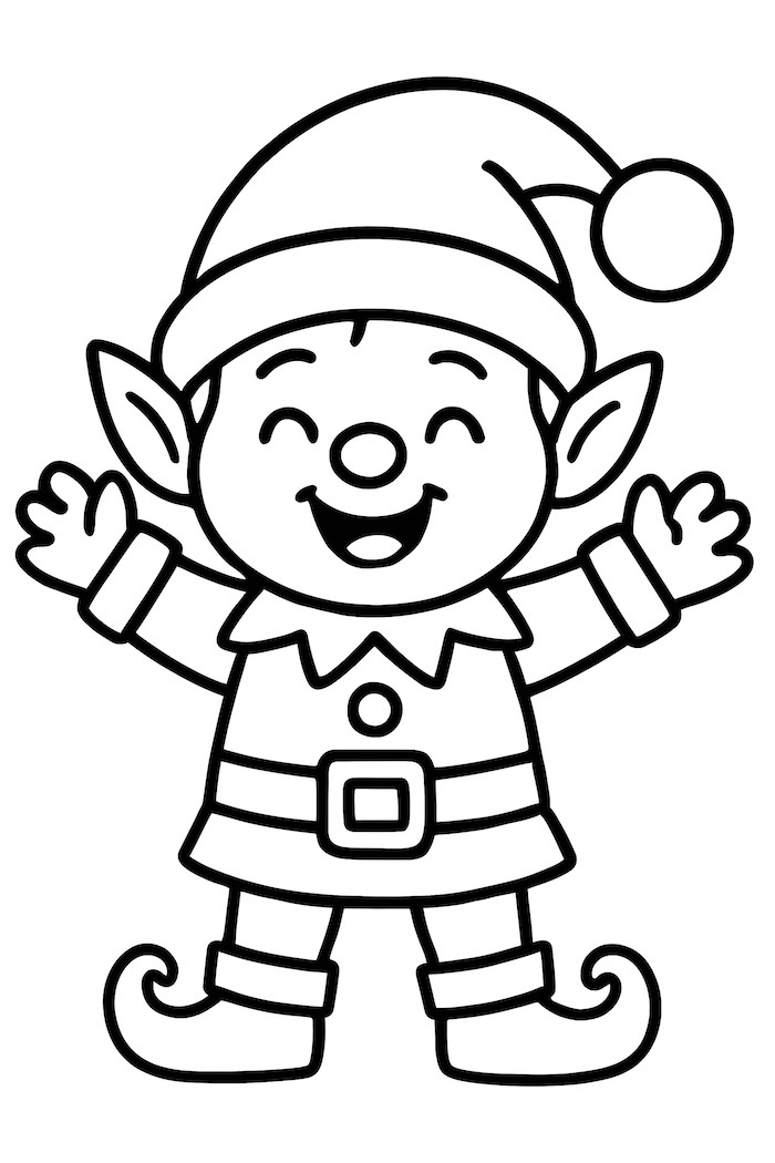 Coloring page of a cheerful elf wearing a large pom-pom hat and a belt, with arms outstretched in a joyful pose