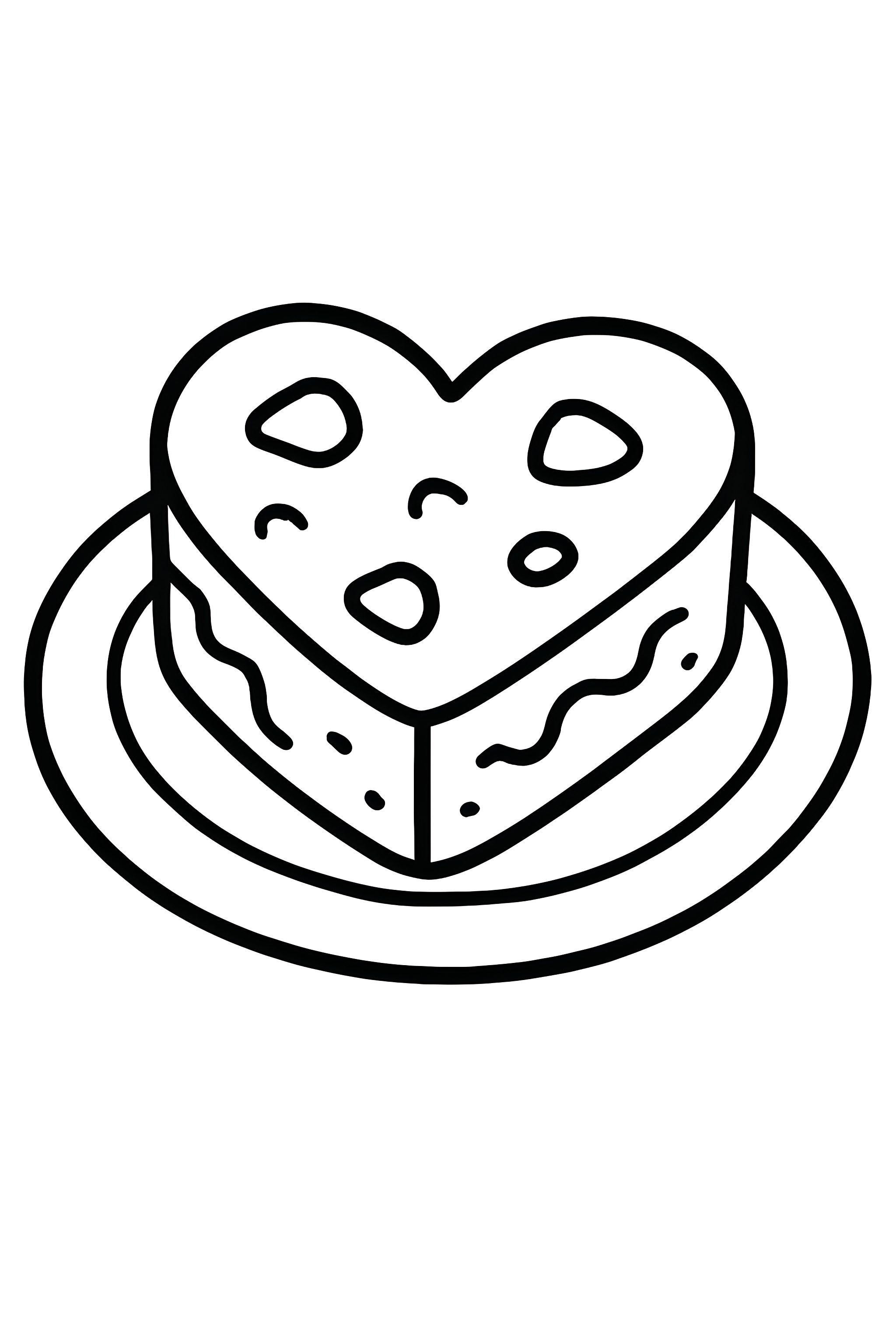 Coloring page of a heart-shaped brownie with toppings on a round white plate