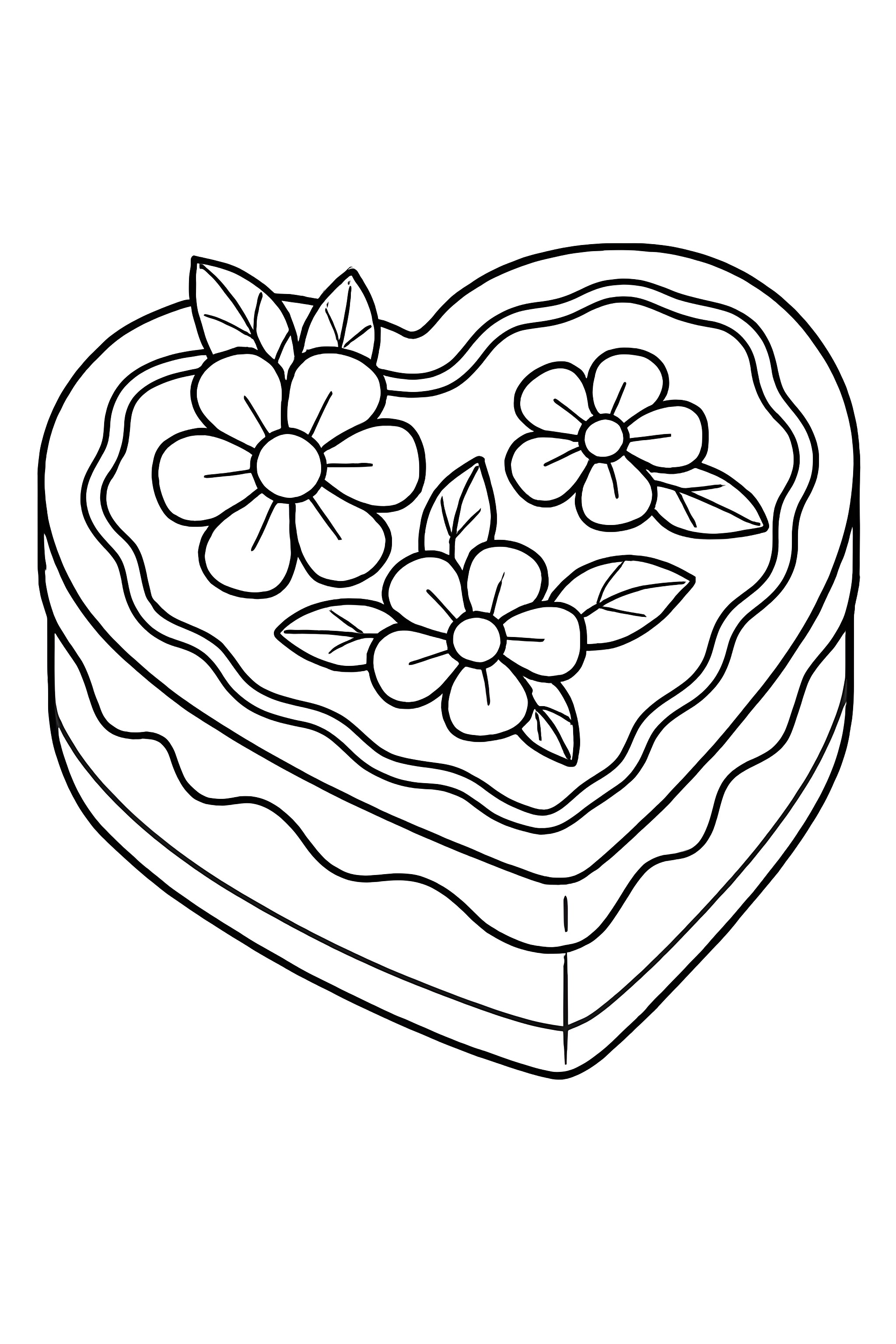 Coloring page of a heart-shaped cake decorated with fondant flowers and ornate frosting edges