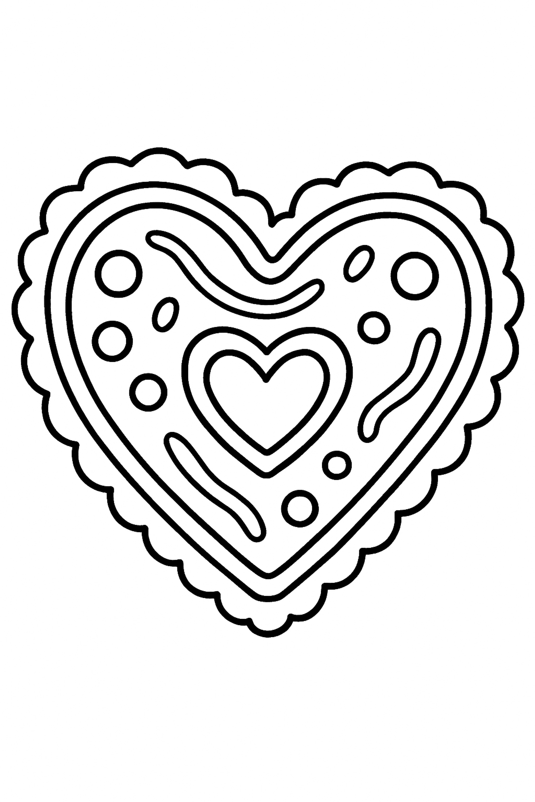 Coloring page of a heart-shaped cookie decorated with icing and surrounded by circular and wavy patterns