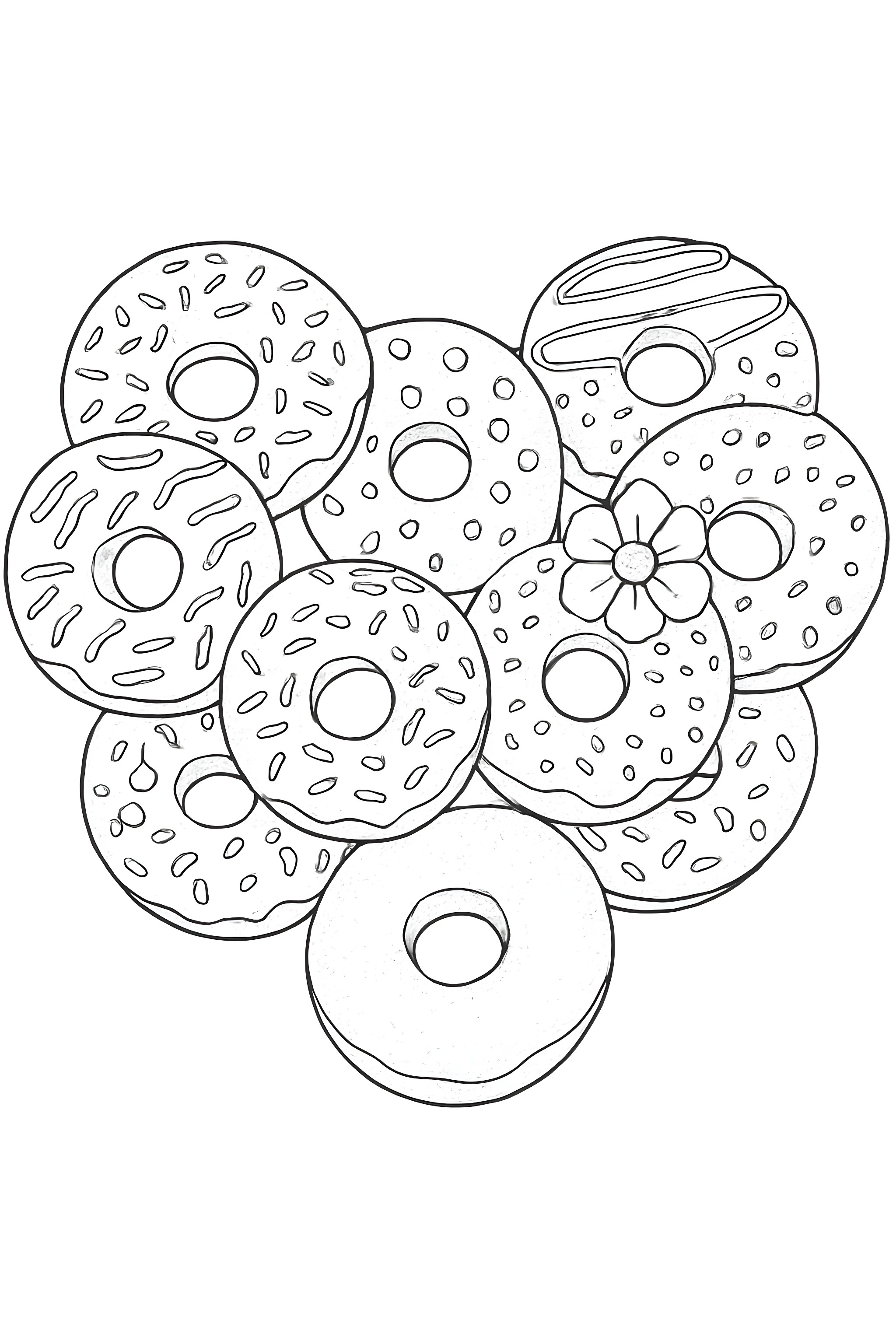 Coloring page featuring a heart shape made of various donuts, including different toppings and one decorative flower