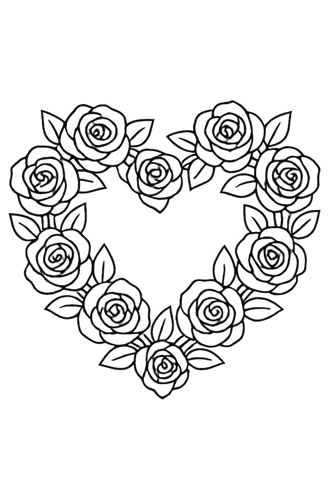 Coloring page of a heart-shaped wreath composed of roses and leaves