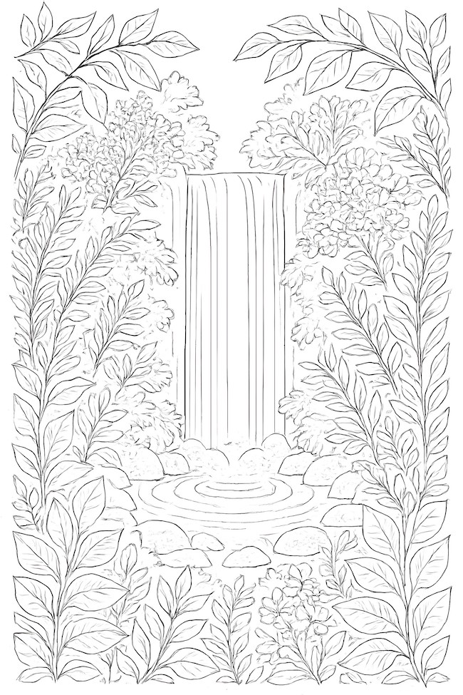 Coloring page depicting a hidden waterfall flowing down into a serene pool, surrounded by various types of foliage and rocks