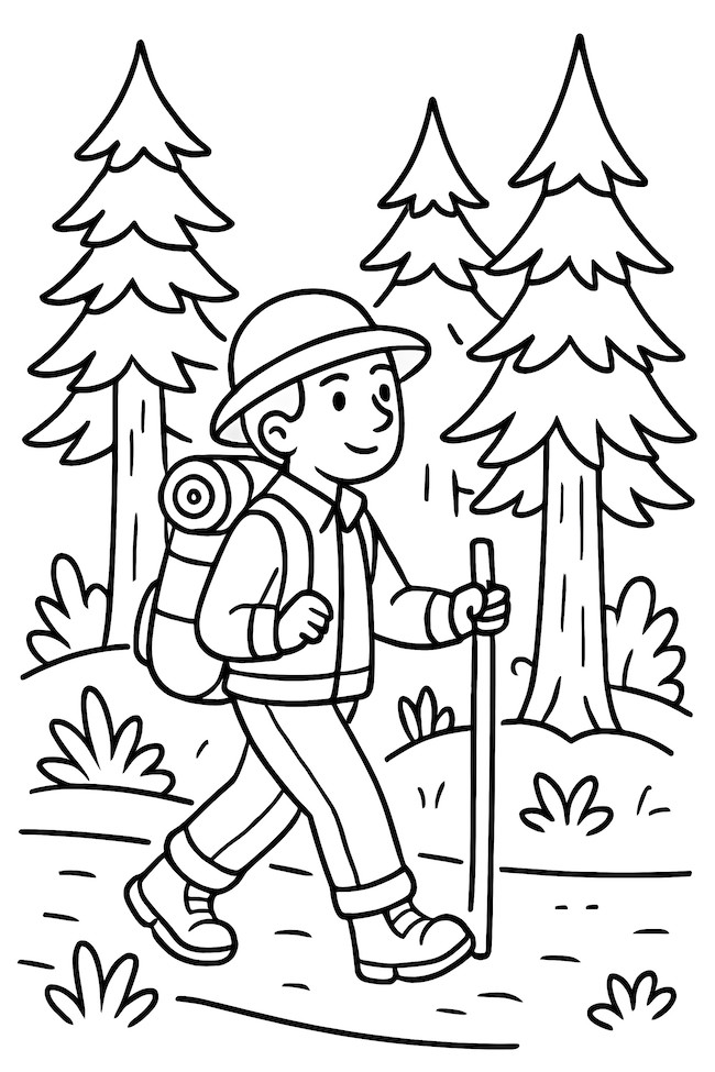 Coloring page of a hiker walking with a stick among tall trees and shrubs