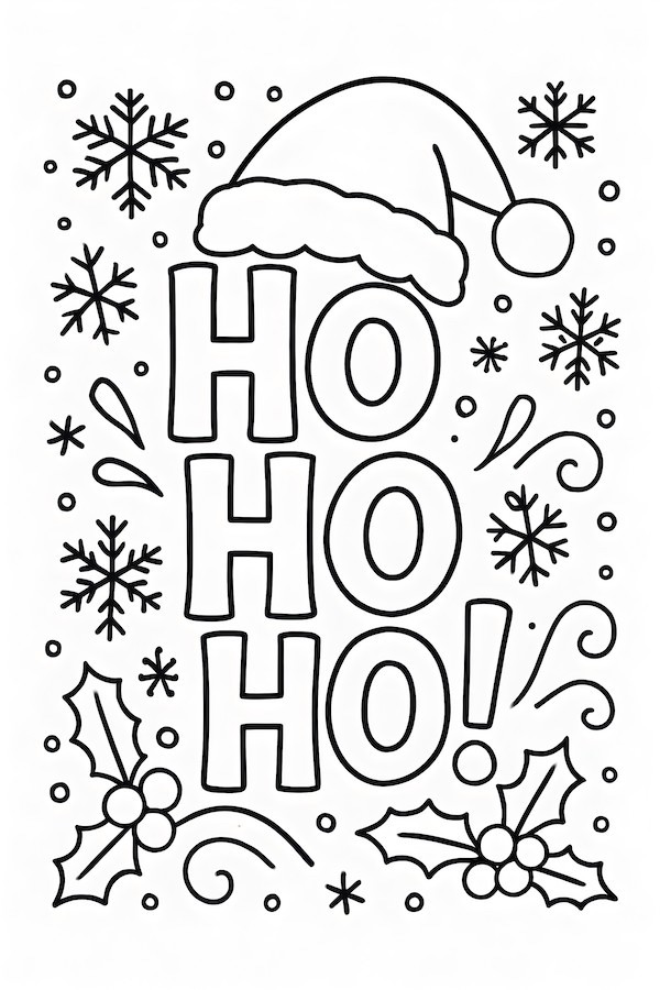 Coloring page featuring the words 'Ho Ho Ho' adorned with a Santa hat, snowflakes, and holly decorations