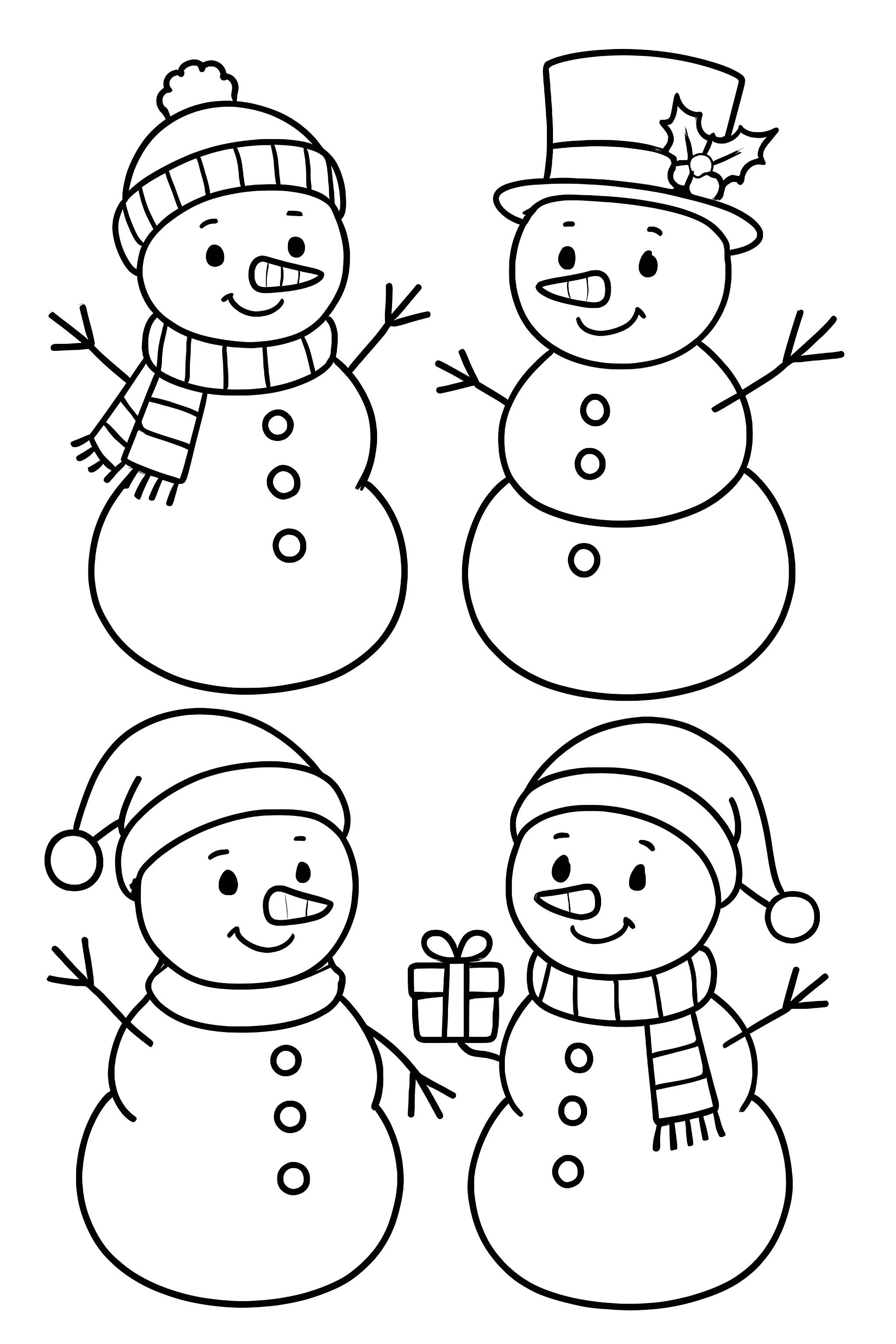 Coloring page featuring four snowmen in various holiday attire, including scarves, hats, and one holding a gift.