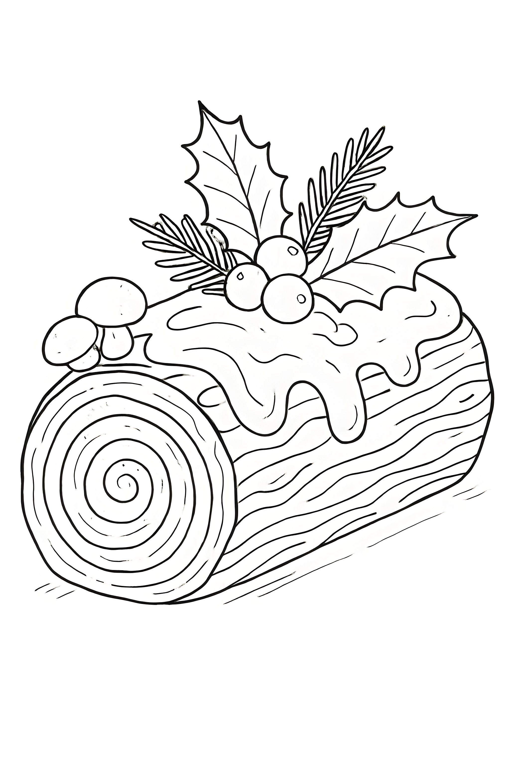Coloring page of a yule log cake decorated with icing, holly leaves, and berries on top, featuring a detailed spiral log design.