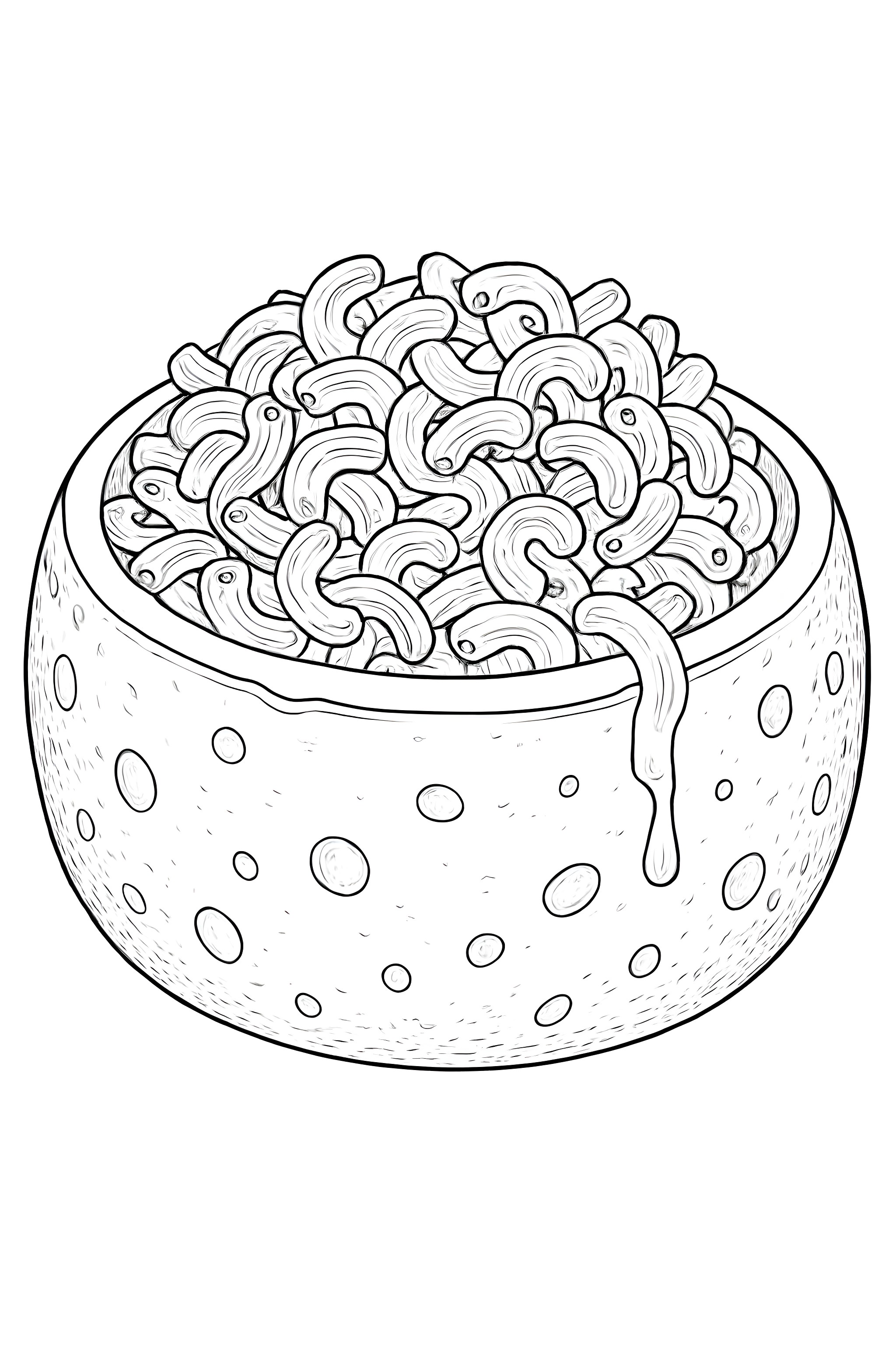 Coloring page of a large hollow cheese dome overflowing with macaroni and cheese, featuring swirls of pasta and melted cheese