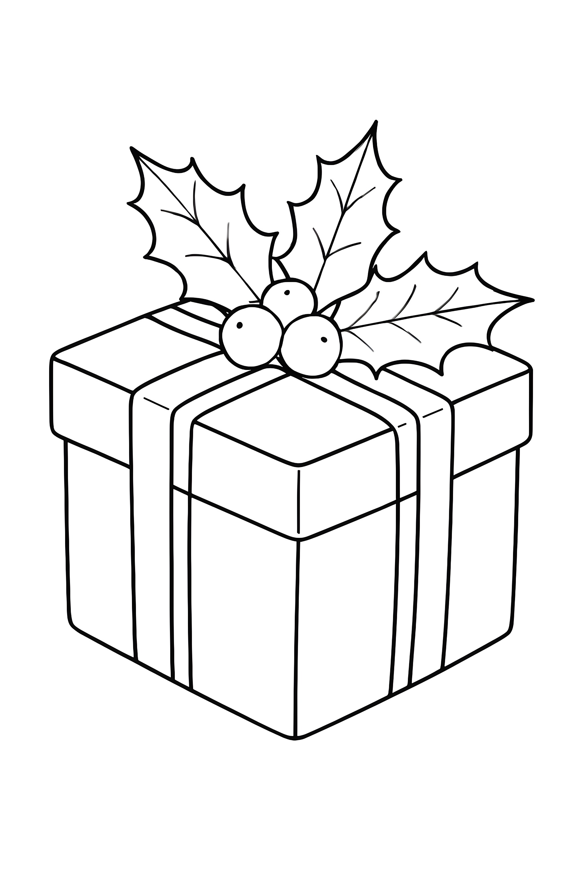 Coloring page of a gift box decorated with holly leaves and berries on top