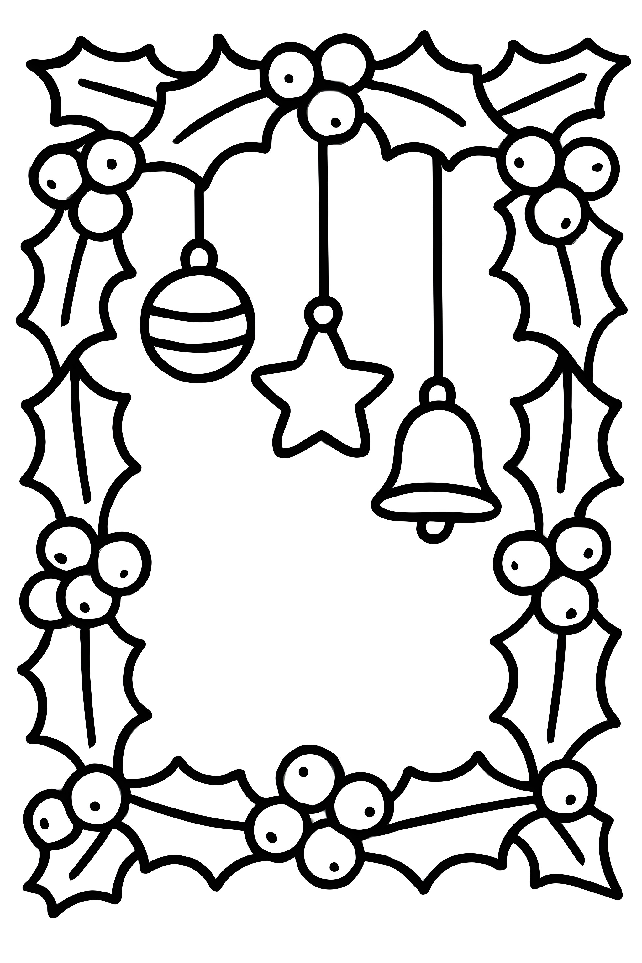 A holly and berry border with hanging star, bell, and striped ornaments