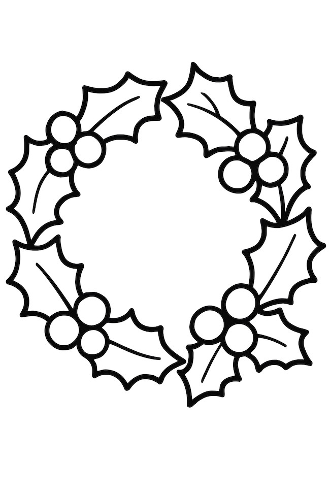 Coloring page of a circular arrangement of holly leaves and bright red berries