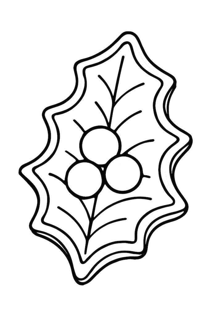 Coloring page of a holly leaf-shaped cookie decorated with bright icing berries and detailed leaf patterns