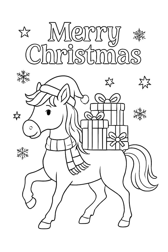 Coloring page of a horse wearing a Santa hat carrying Christmas presents on its back, with snowflakes and stars in the background