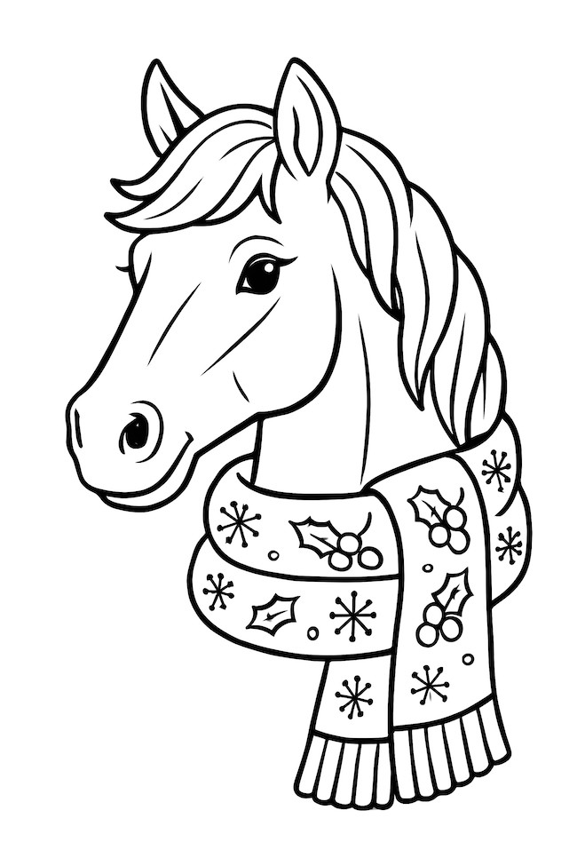 Coloring page of a horse's head and neck adorned with a Christmas scarf featuring holly and snowflake designs