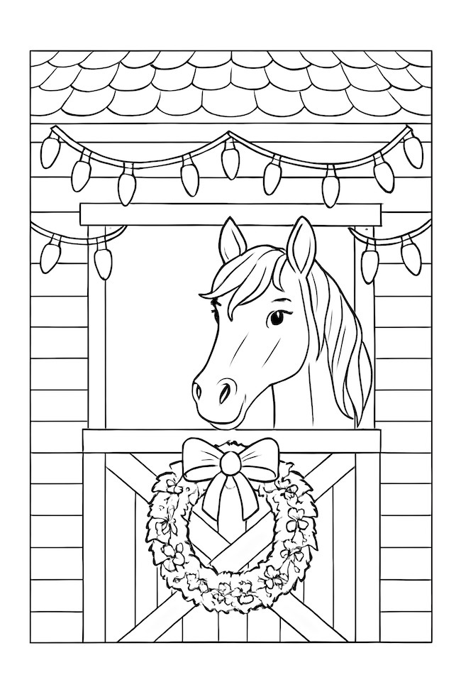Coloring page of a horse peeking out from a stable adorned with Christmas lights and a festive wreath