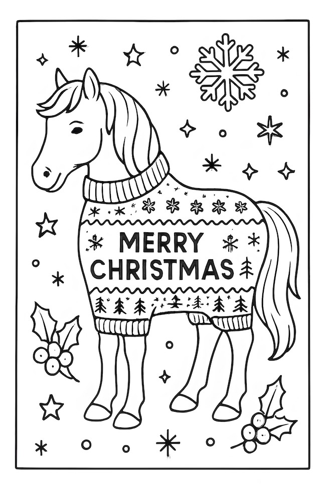 Coloring page of a horse wearing a Christmas sweater with 'MERRY CHRISTMAS' text and surrounded by snowflakes and stars