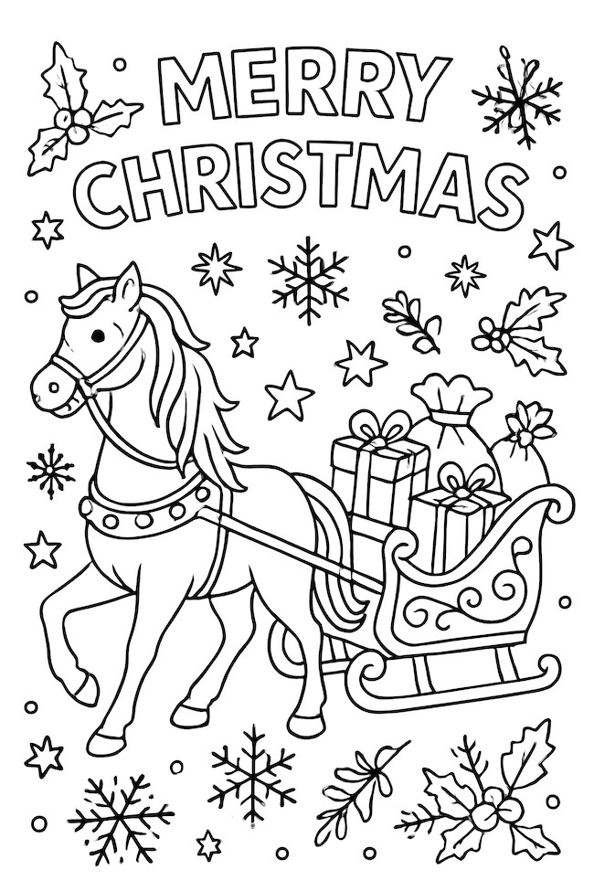 Coloring page of a horse pulling a sleigh filled with presents, surrounded by snowflakes and holly leaves