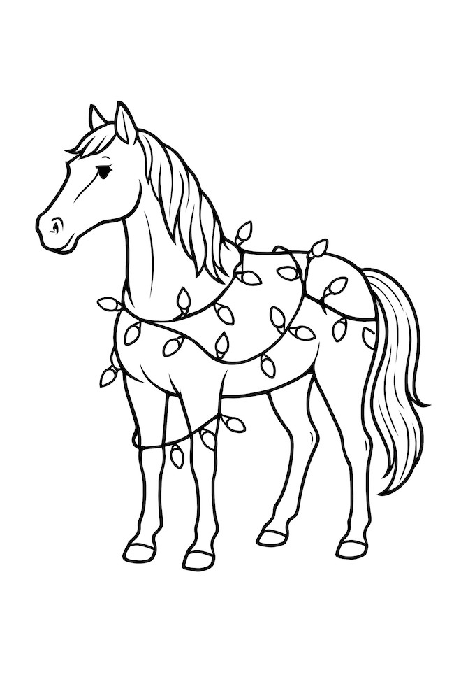 Coloring page of a horse wrapped in colorful Christmas lights, standing in a relaxed pose with a flowing mane and tail