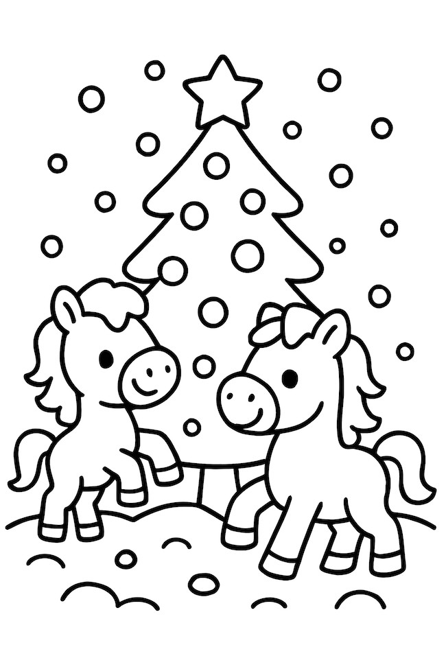 Coloring page of two horses playing in the snow near a Christmas tree, surrounded by falling snowflakes
