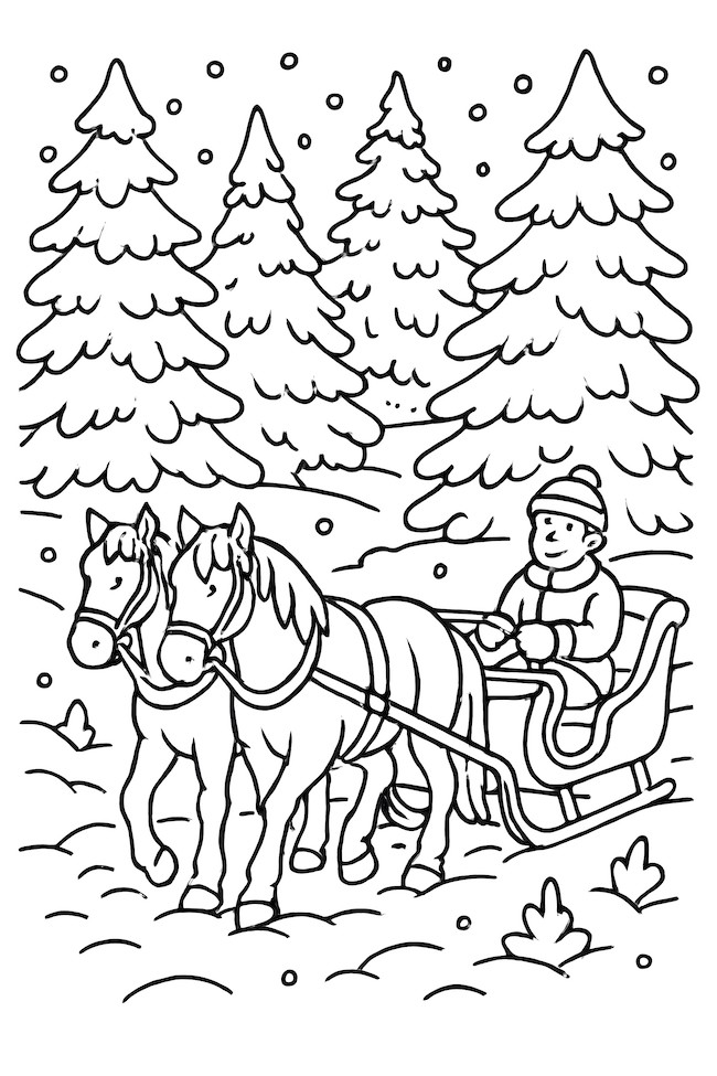 Coloring page of two horses pulling a sleigh through a snowy forest with a person wearing a winter hat