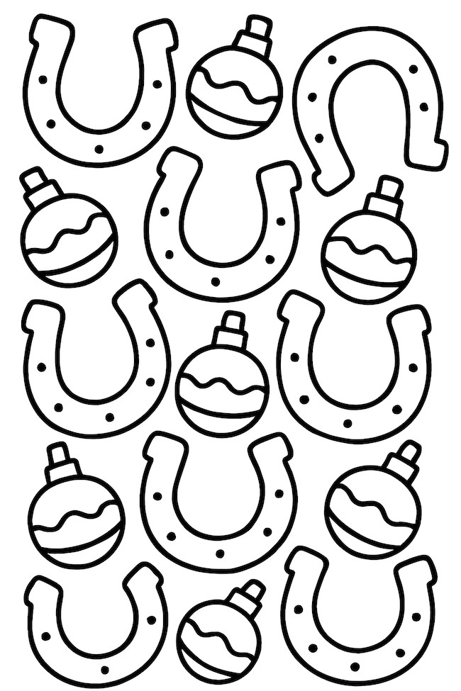 Coloring page featuring a repeating pattern of horseshoes and Christmas ornaments in various sizes
