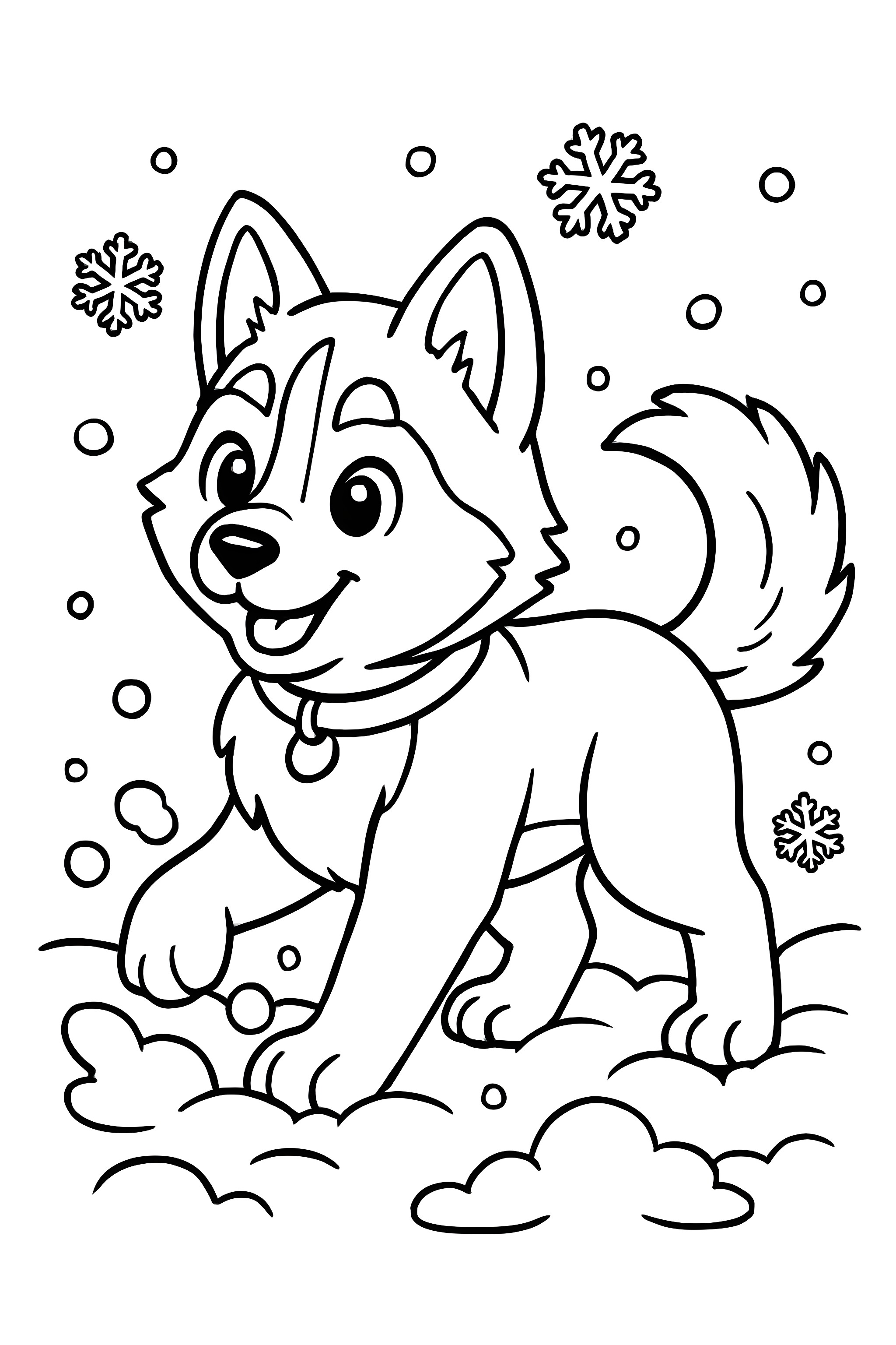 Coloring page of a husky puppy joyfully playing in snowflakes and fluffy snow