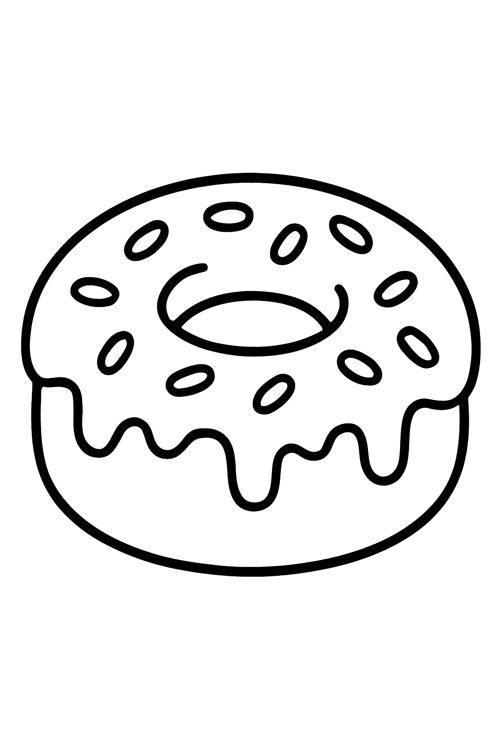 Coloring page of a donut-shaped cake with dripping icing and sprinkles on top