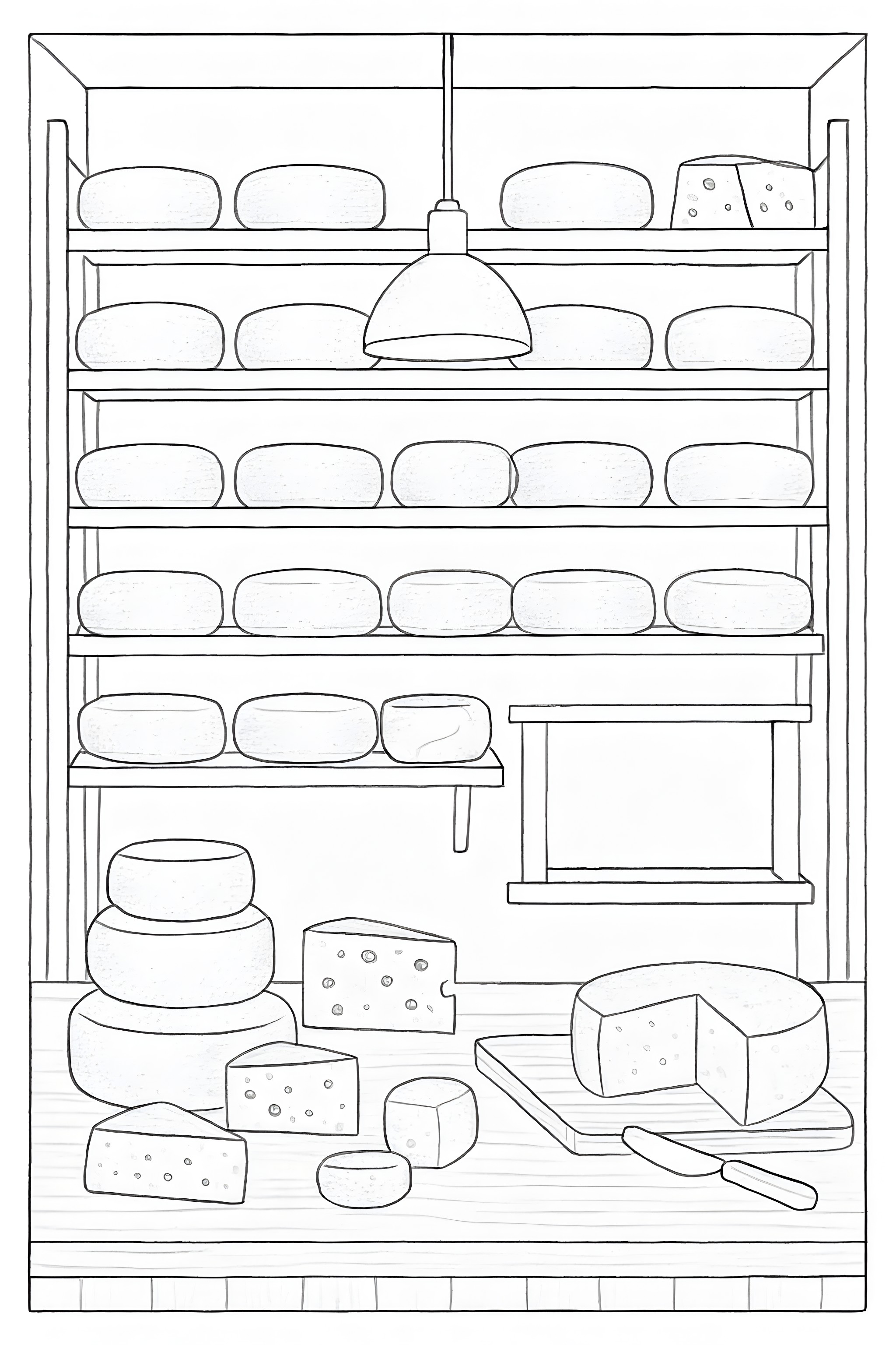 Coloring page of an interior cheese shop featuring shelves with cheese wheels, a wooden counter, and a cutting board with cheese, along with a knife