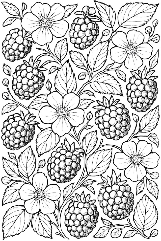 Coloring page featuring interlocking blackberries and floral designs with detailed leaves