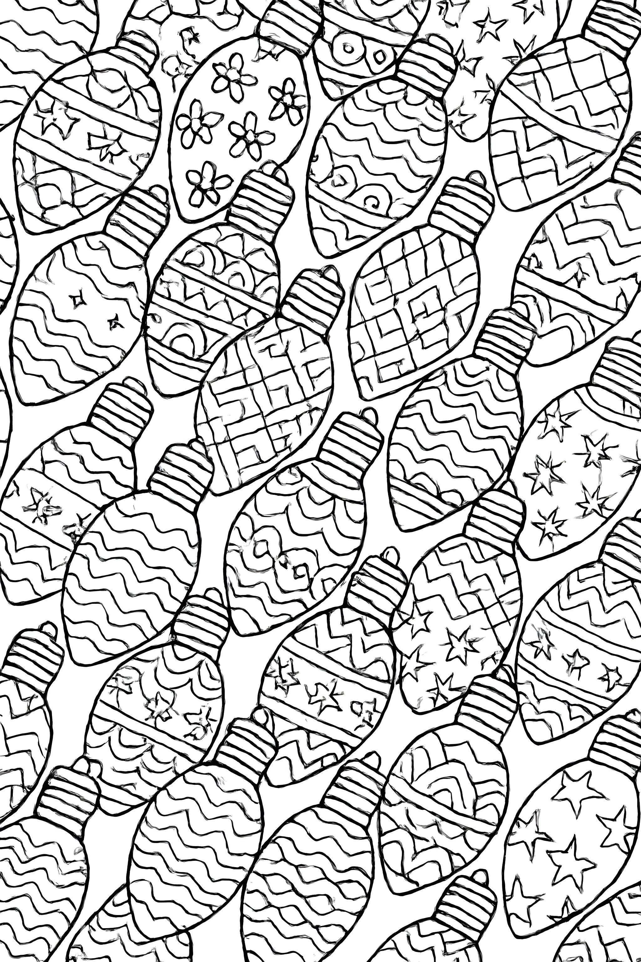 Coloring page of interlocking Christmas bulbs with various decorative patterns, including flowers, stars, and waves