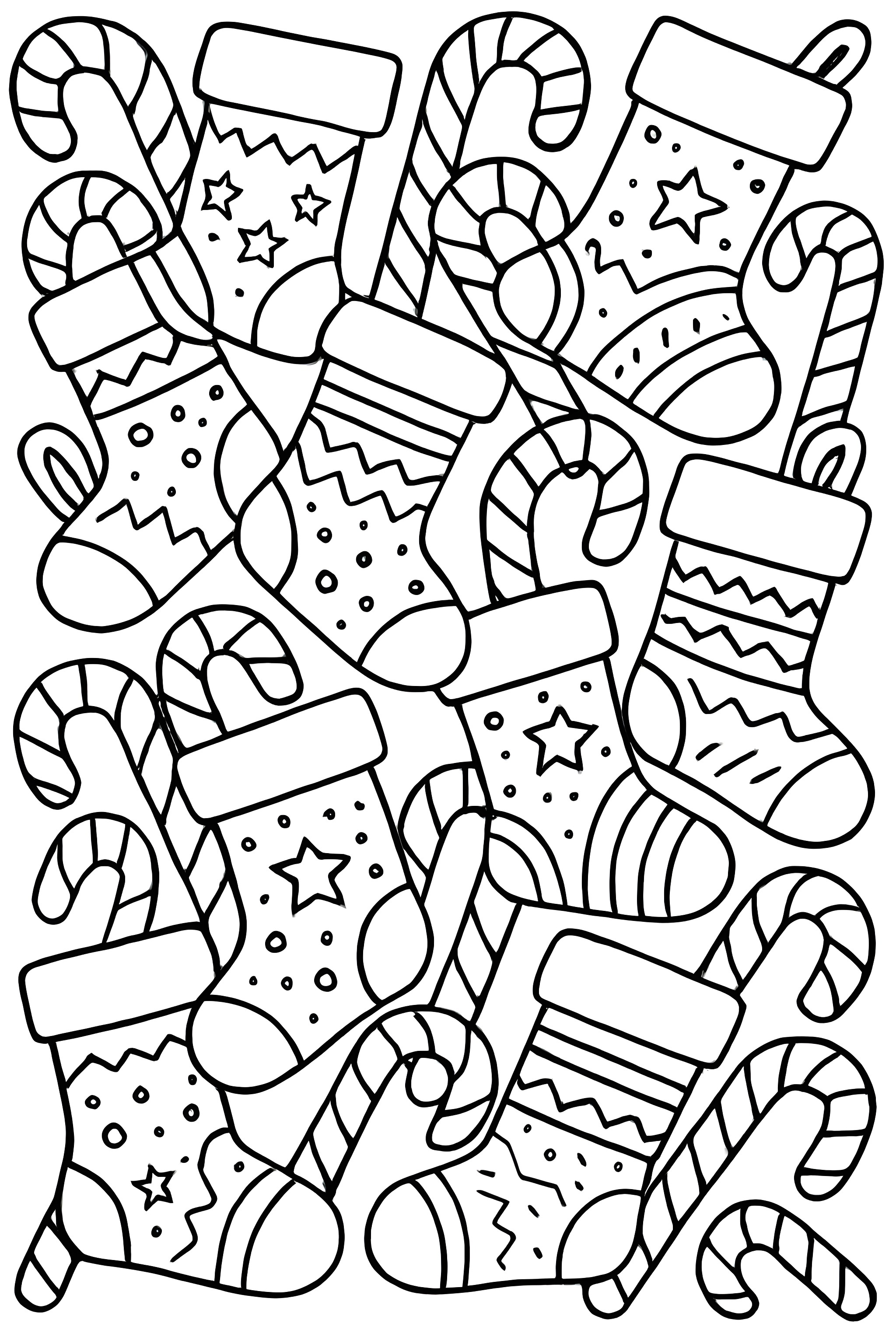 An interlocking pattern of Christmas stockings alongside candy canes with various designs