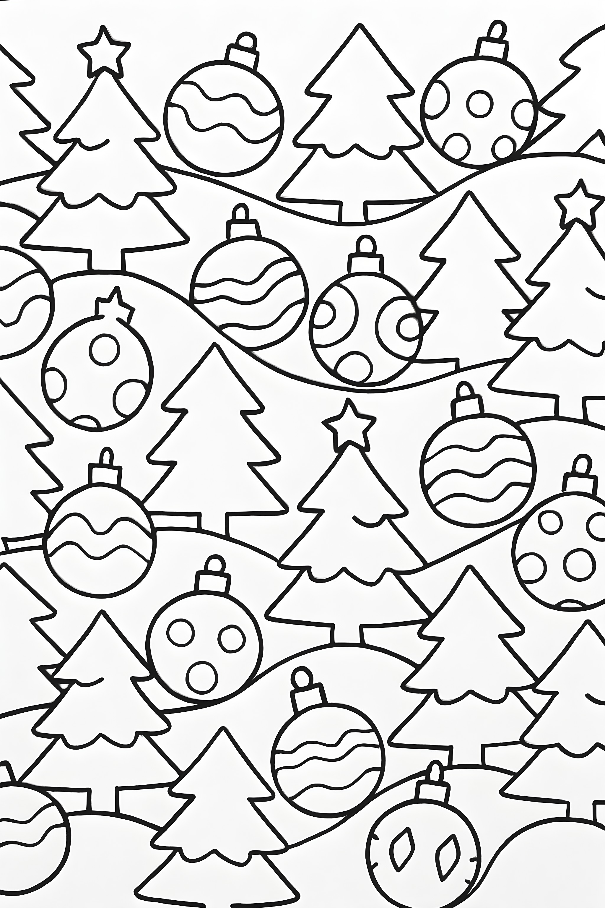 Coloring page featuring a pattern of interlocking Christmas trees and decorative baubles arranged in wavy lines.