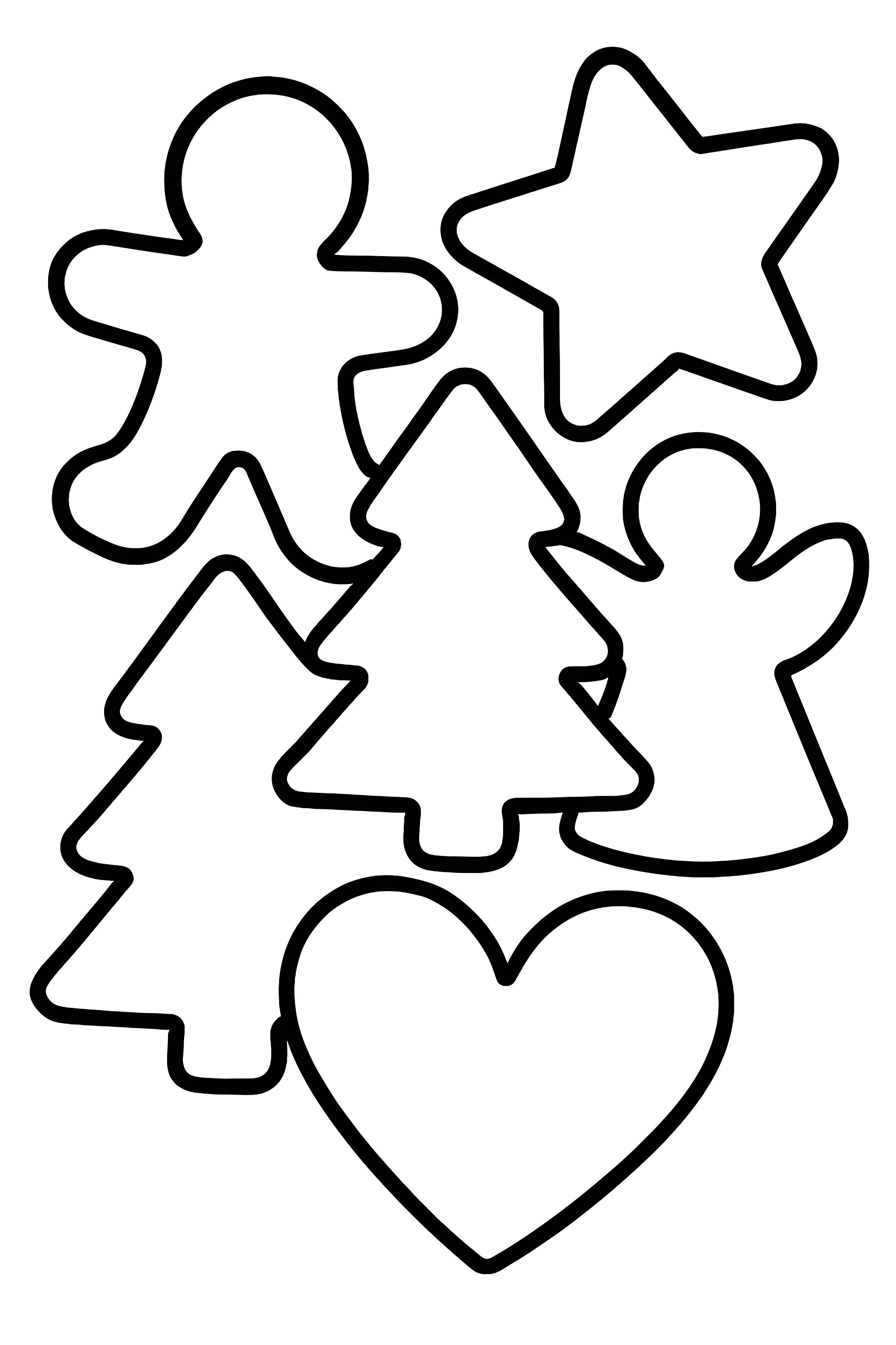 Coloring page featuring a pattern of interlocking gingerbread man, star, tree, angel, and heart cookie cutter designs