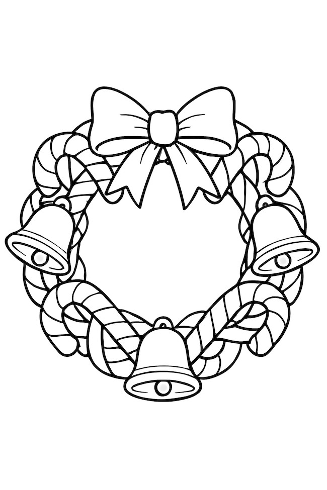 Coloring page of a wreath made from interwoven candy canes and bells with a decorative bow