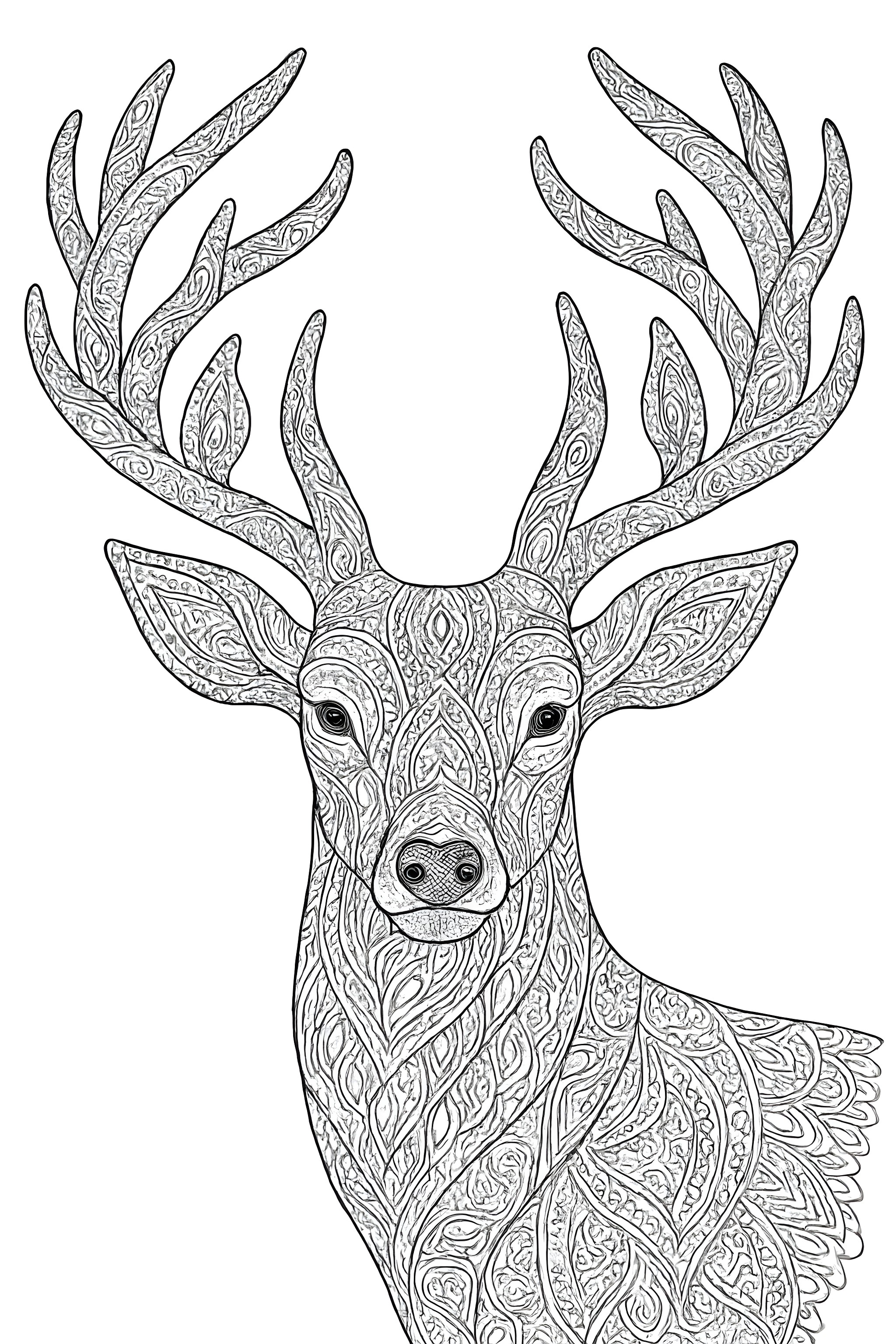 A deer with detailed, intricately patterned antlers and ornate facial features.