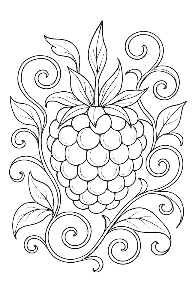 Coloring page of a smooth blackberry surrounded by elegant vine patterns and leaves
