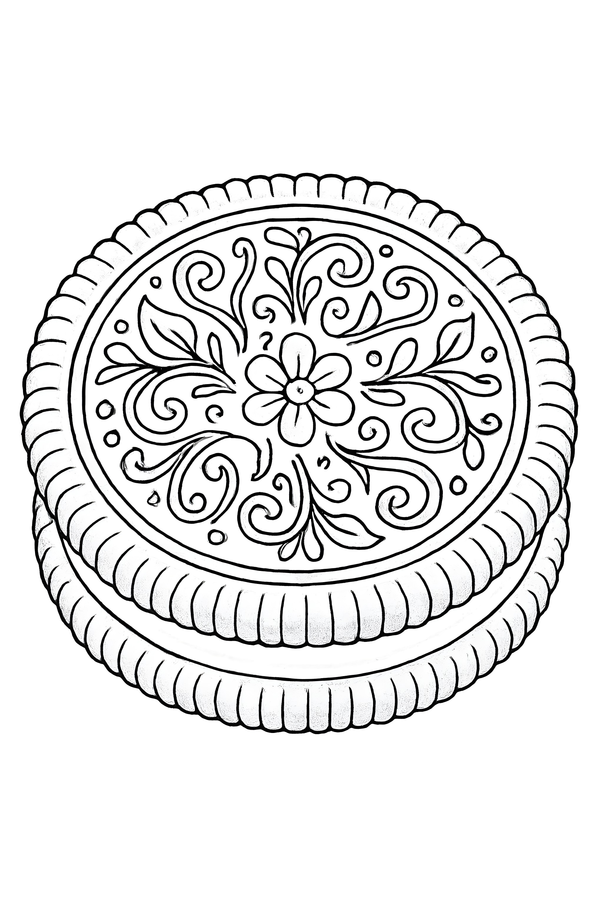 Coloring page featuring a chocolate sandwich cookie adorned with detailed floral patterns and decorative swirls