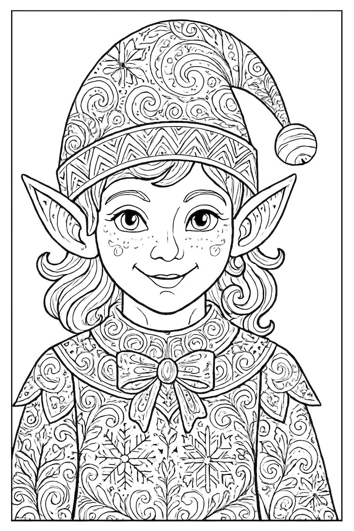 Coloring page of a detailed Christmas elf wearing a patterned hat and sweater, featuring a bow and whimsical decorations