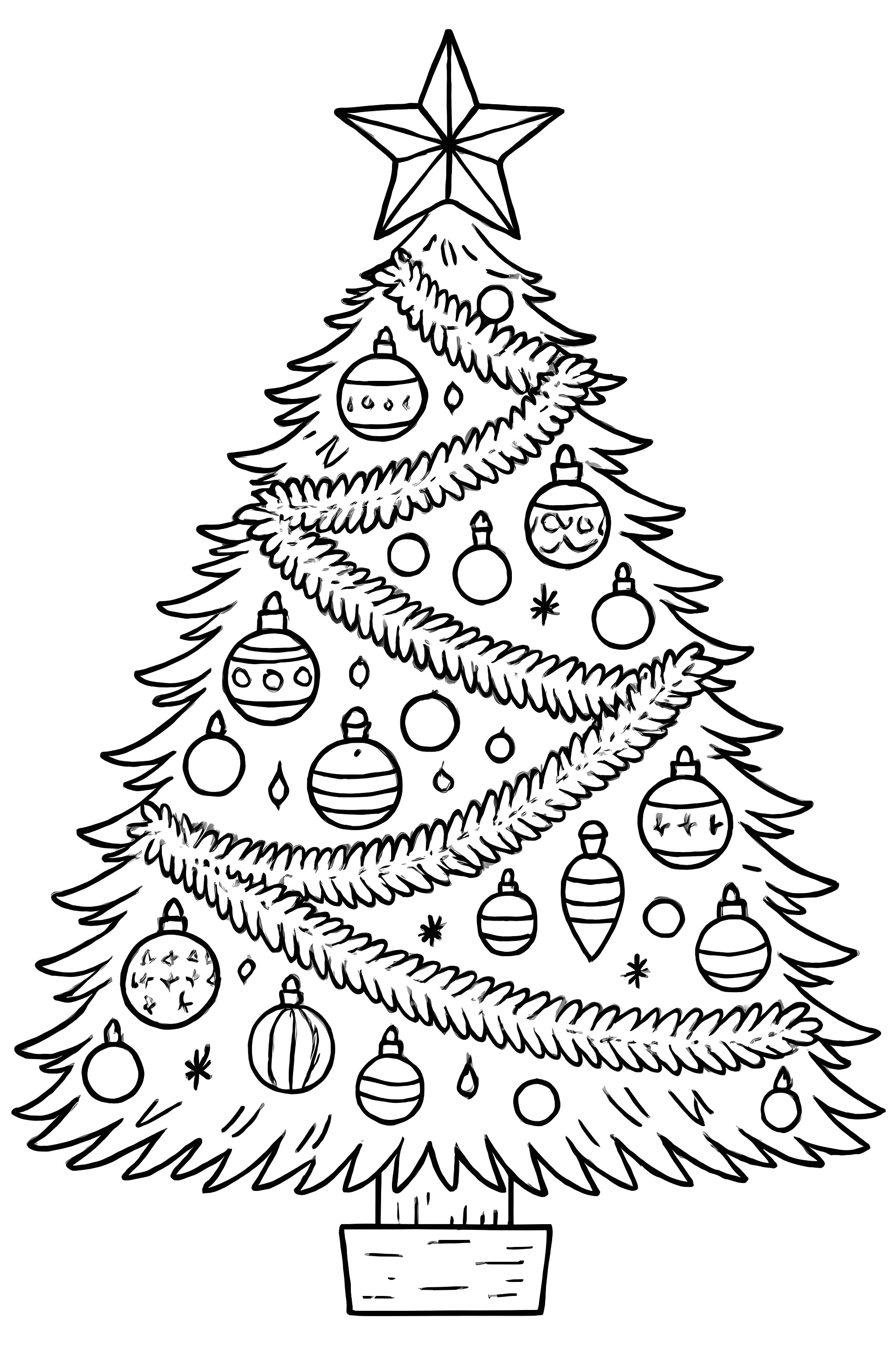 Coloring page of a detailed Christmas tree adorned with tinsel, ornaments, and a star on top, set in a decorative pot
