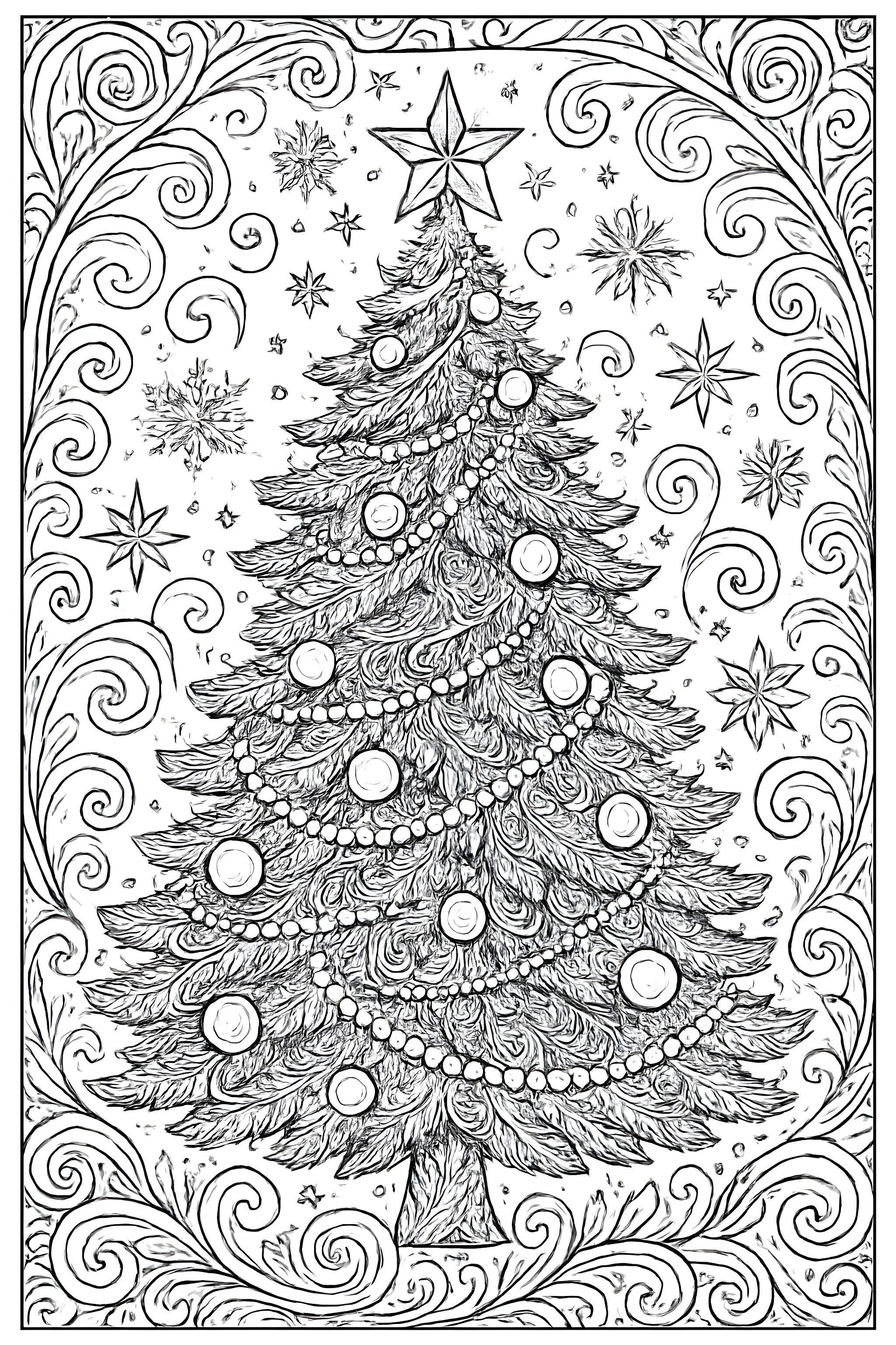 Coloring page of a detailed Christmas tree adorned with ornaments and a star at the top, surrounded by decorative swirls and snowflakes