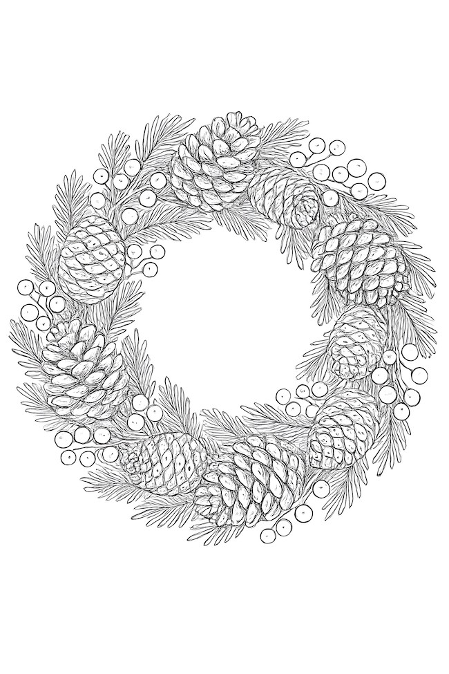 Detailed Christmas wreath featuring realistic pinecones and berries surrounded by evergreen foliage