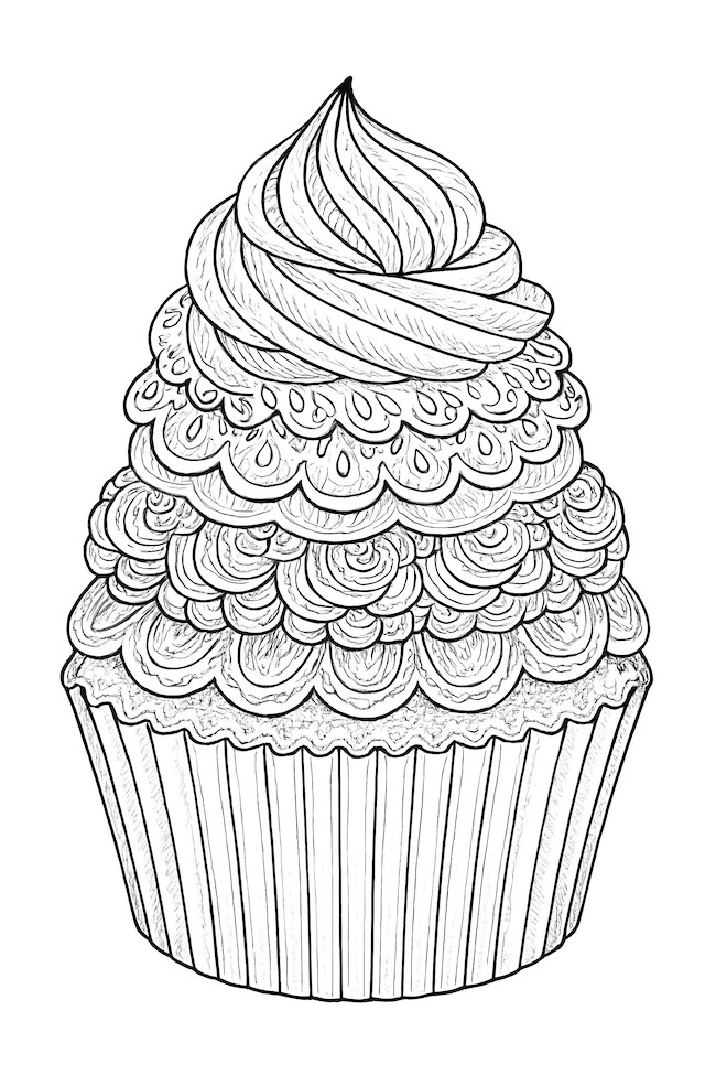 Coloring page of a highly detailed cupcake featuring multiple intricate icing layers and a fluted wrapper