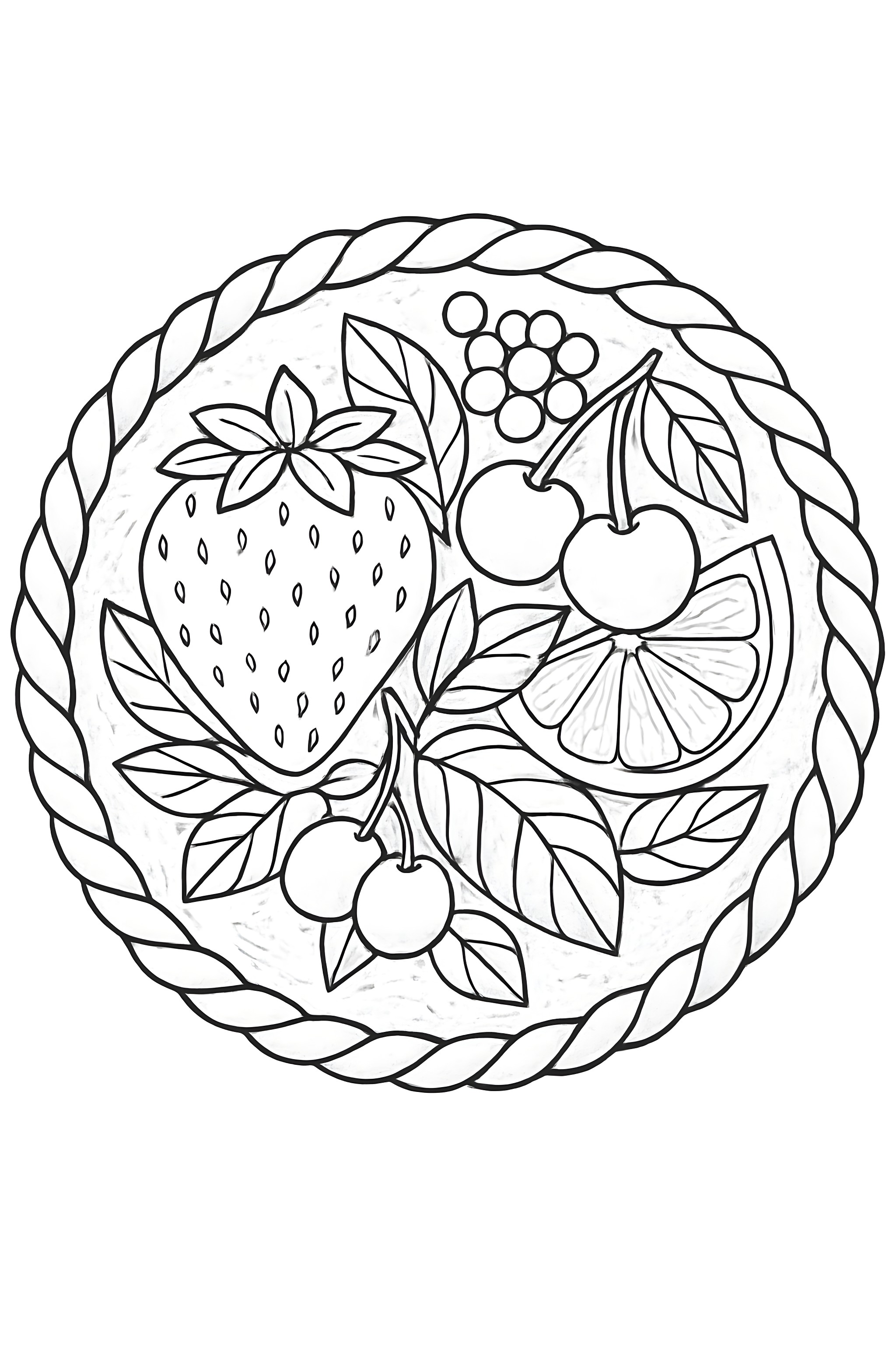 Coloring page of a pie crust featuring a detailed fruit carving with strawberries, cherries, and orange slices, surrounded by decorative leaves